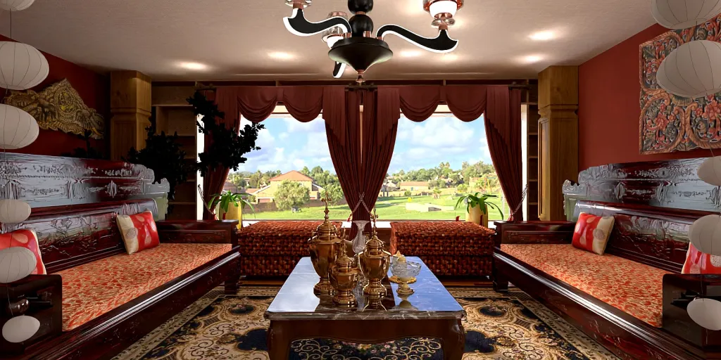 a living room with a large window and a large table 