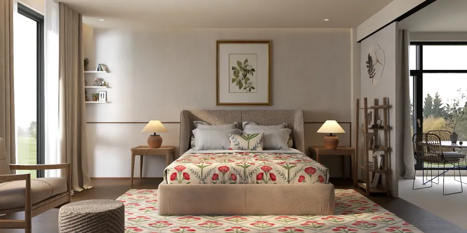 A floral-patterned bed enhances a serene bedroom design, utilizing Homestyler's real-time 3D rendering for a realistic interior visualization.