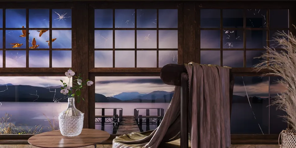 cozy living room with a scenic lake view through large windows featuring modern decor and elegant textiles, highlighting interior design concepts with Homestyler's real-time 3D rendering capability.