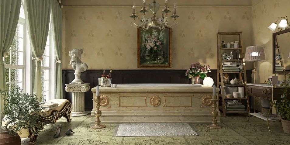 vintage bathroom featuring a freestanding bathtub with elegant decor and a chandelier, styled for rustic charm emphasizing comfort and luxury, showcasing Homestyler's real-time 3D rendering feature