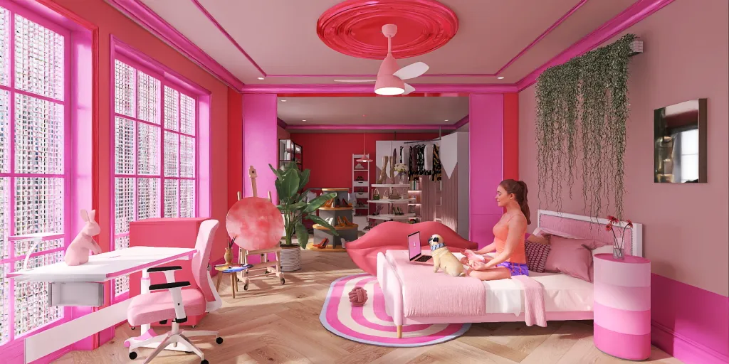 a woman sitting in a pink chair in a pink room 