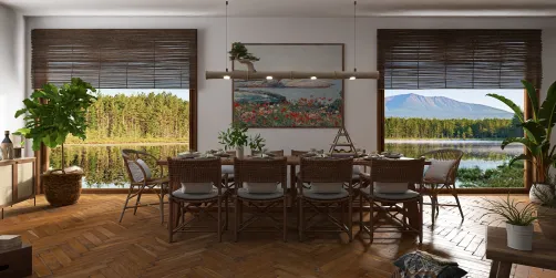 dining area with wooden furniture and lush greenery, showcasing a rustic style that emphasizes natural materials and warmth, featuring Homestyler's real-time 3D rendering for an accurate design preview.