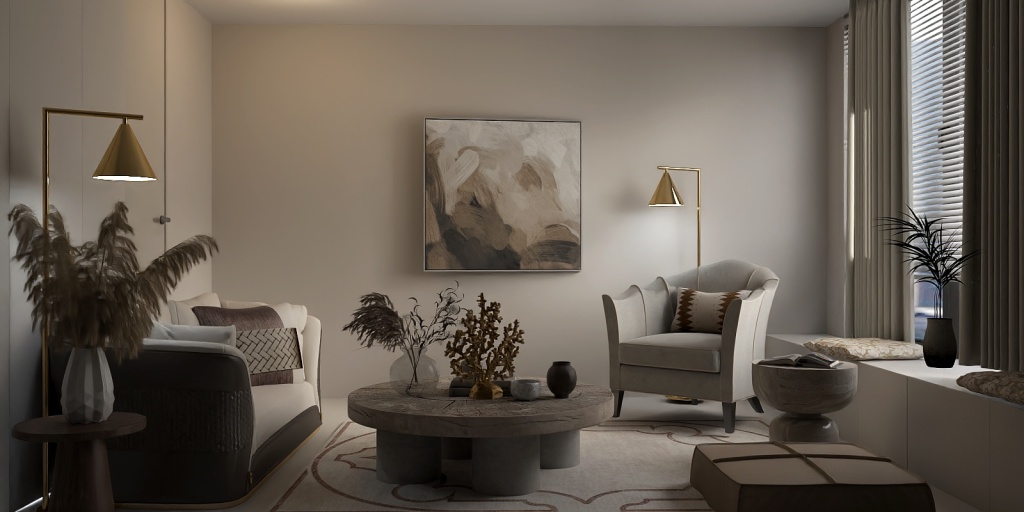 a living room with a couch, chair, table and a painting 