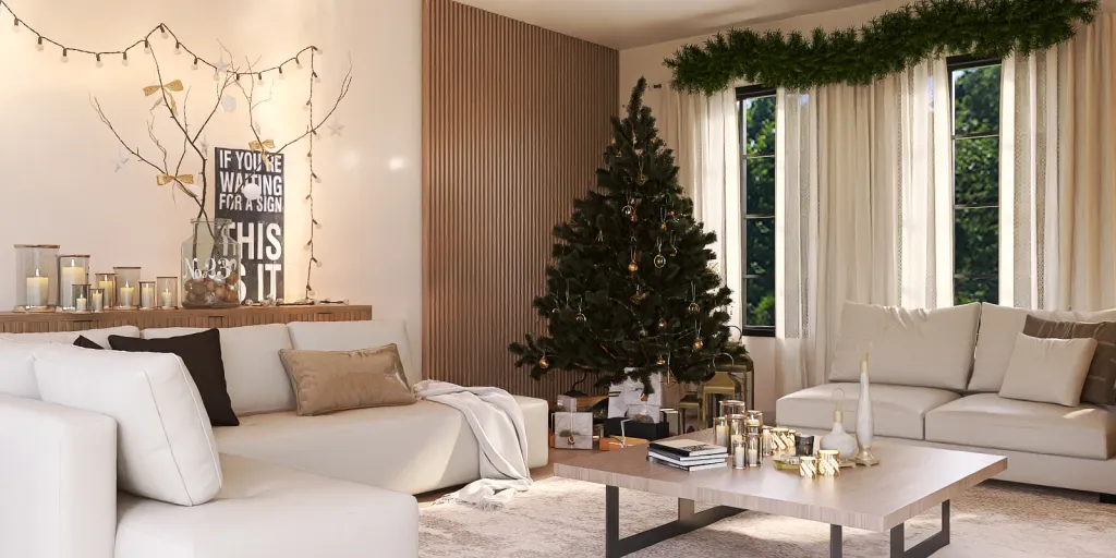 a living room with a christmas tree and a table 