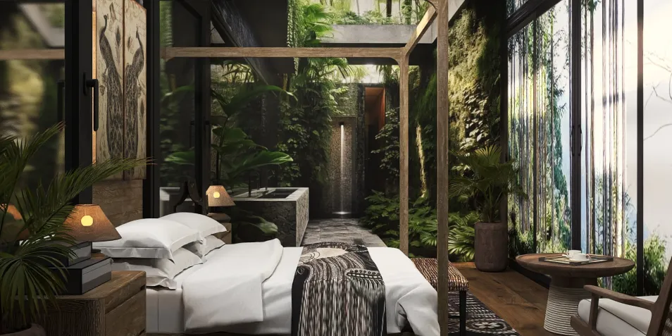 luxurious bedroom featuring a four-poster bed surrounded by lush greenery and natural light, showcasing an organic design style, reflecting a tranquil indoor oasis with Homestyler's real-time 3D rendering functionality.