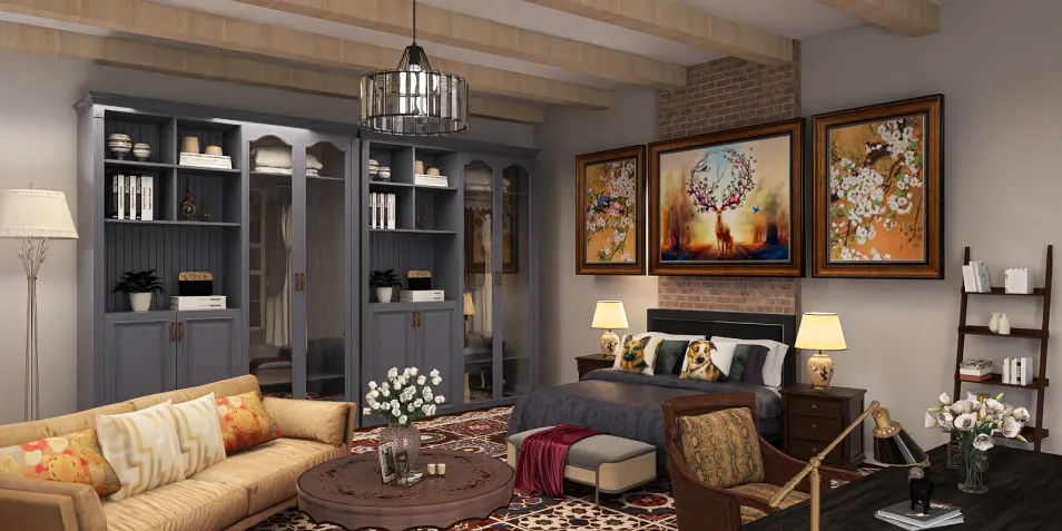 cozy living room with stylish furniture arrangement showcasing rustic elegance and warm tones, featuring Homestyler's real-time 3D rendering for interior design visualization.