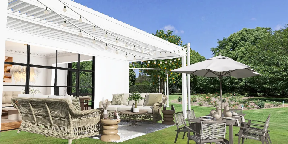 outdoor patio with stylish furniture arrangement showcasing a modern bohemian style perfect for relaxation and social gatherings, utilizing Homestyler's real-time 3D rendering feature for realistic preview.