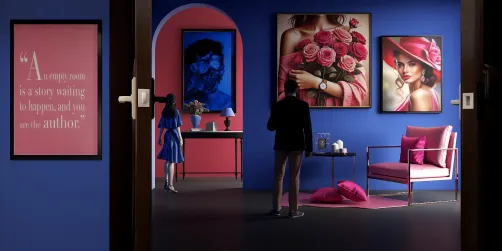 couple admiring artwork in a modern gallery setting with vibrant blue walls; featuring contemporary art display and stylish furniture; enhancing the aesthetic experience through Homestyler's real-time 3D rendering capabilities.