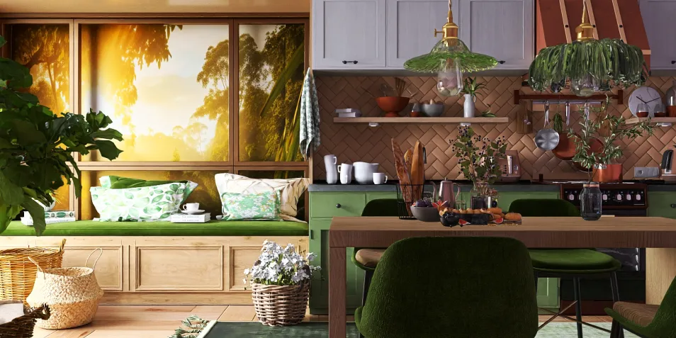 cozy kitchen with green accents featuring a dining area and a window seat, incorporating sustainable design for a warm interior decor