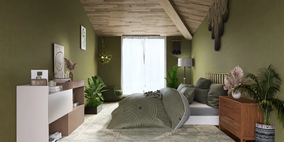 cozy bedroom design featuring green accents and natural textures, incorporating a 3D rendering for detailed visualization using Homestyler, enhancing the inviting atmosphere.