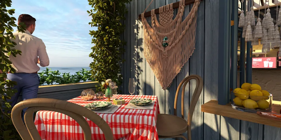 outdoor dining table with checkered tablecloth and seaside view showcasing a cozy and inviting atmosphere for summer meals; featuring Homestyler's real-time 3D rendering for realistic design previews.