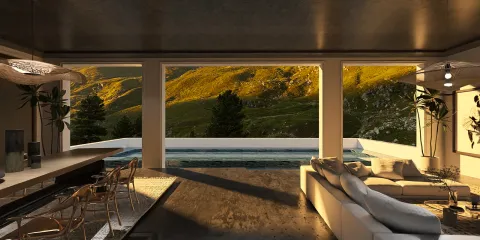 Spacious living room with panoramic mountain views featuring modern furniture arrangement, designed in a contemporary style, utilizing Homestyler's real-time 3D rendering for an immersive interior design experience.