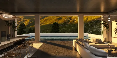 modern living room showcasing 3D interior design with an open space layout and stunning mountain views, featuring Homestyler's real-time 3D rendering for a quick design proposal.