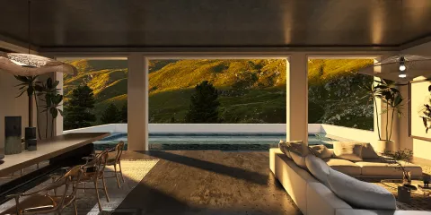 Modern living room with panoramic mountain views featuring open-space design and immersive furnishings; utilizes Homestyler's real-time 3D rendering for visualizing interior aesthetics.