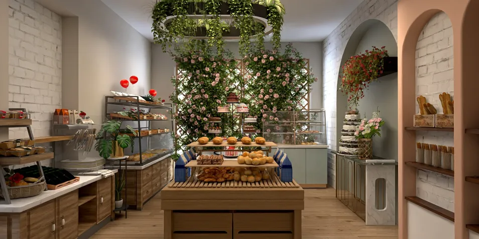 Bakery interior with organic decor featuring green plants and floral arrangements, showcasing baked goods display in a rustic style, enhancing customer experience with Homestyler’s real-time 3D rendering capability.