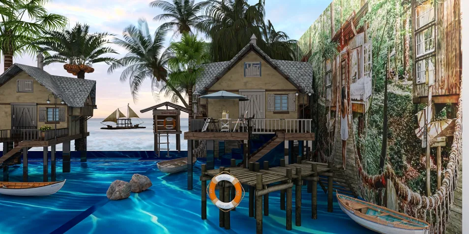 beach houses by the water with wooden docks and boats, creating a tropical seaside escape, featuring a vibrant mural of nature, ideal for coastal interior decor inspiration, showcasing Homestyler's real-time 3D rendering capability.
