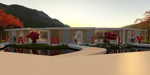 modern house exterior featuring large 'FAMILY' letters in front, showcasing a serene landscape design with water features and autumn trees, emphasizing family-oriented interior decor concepts with Homestyler's real-time 3D rendering capability.