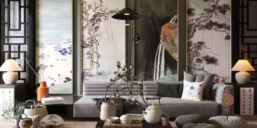 A modern living room featuring elegant wall art, showcasing a serene landscape with a waterfall. The design action includes arranging furniture for optimal aesthetic appeal in a contemporary style. This interior design highlights the value of creating a harmonious space using homestyler's smart furniture arrangement feature for small space optimization.