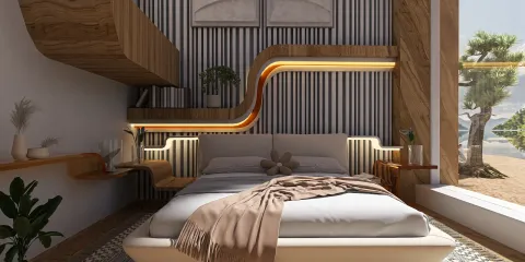 modern bedroom design featuring creative wood shelving and ambient lighting, showcasing a cozy and stylish interior; optimized for small space living with Homestyler's smart furniture arrangement.