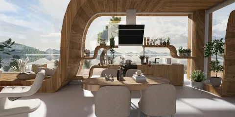 modern dining area featuring a wooden table and chairs with scenic view, showcasing a cozy interior design style for residential spaces; includes Homestyler's real-time 3D rendering feature.