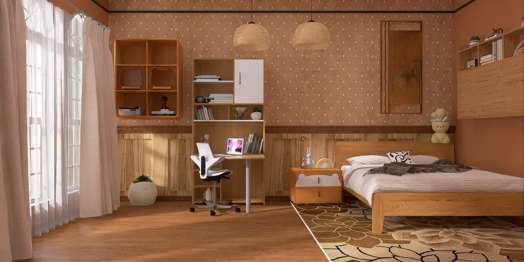 a bedroom with a bed, desk, and a television 