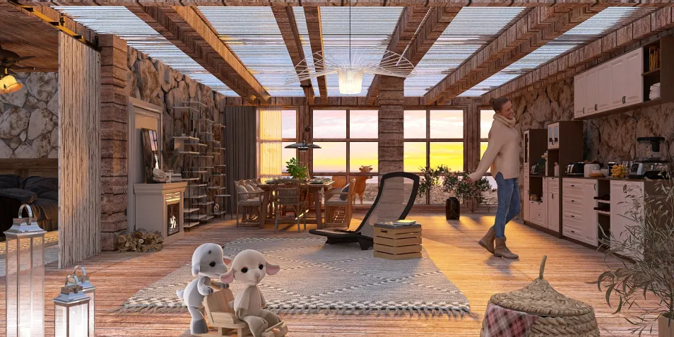 cozy living room interior with a wooden beam ceiling and stone walls featuring furniture arrangement in a rustic style, showcasing a relaxing atmosphere with soft toys, designed using Homestyler's real-time 3D rendering for a stunning visual preview.