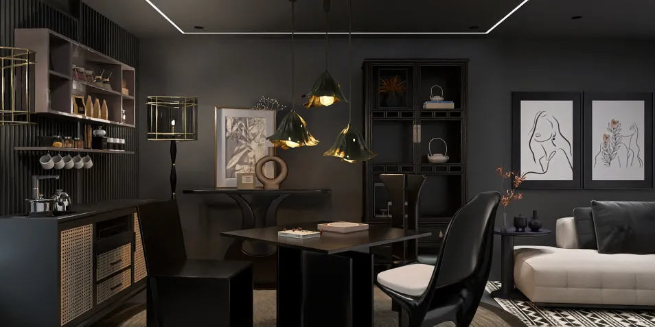 Modern dining area with stylish black furniture and elegant lighting fixtures, showcasing a contemporary design aesthetic for interior decor, featuring Homestyler's real-time 3D rendering functionality.