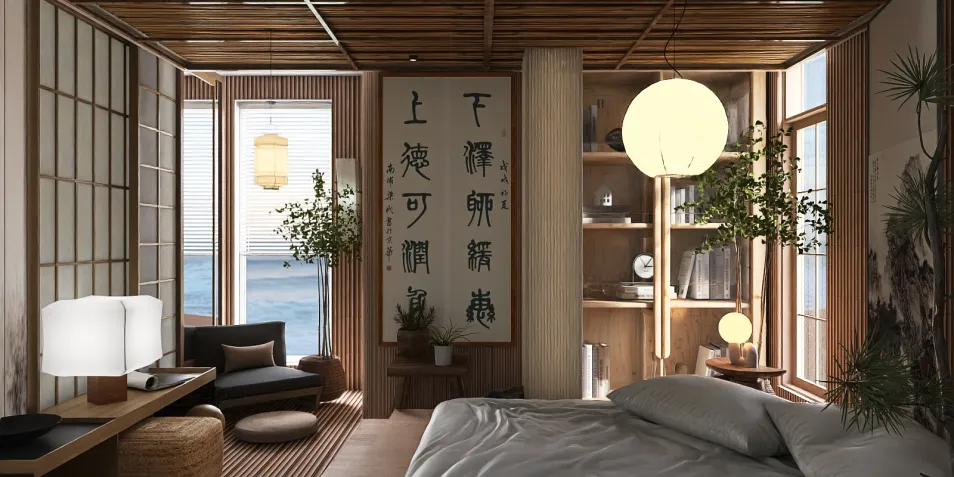 Modern bedroom featuring a serene ambiance with natural materials and large windows, showcasing a calming view of the sea; utilizing Homestyler's real-time 3D rendering for an accurate design preview.