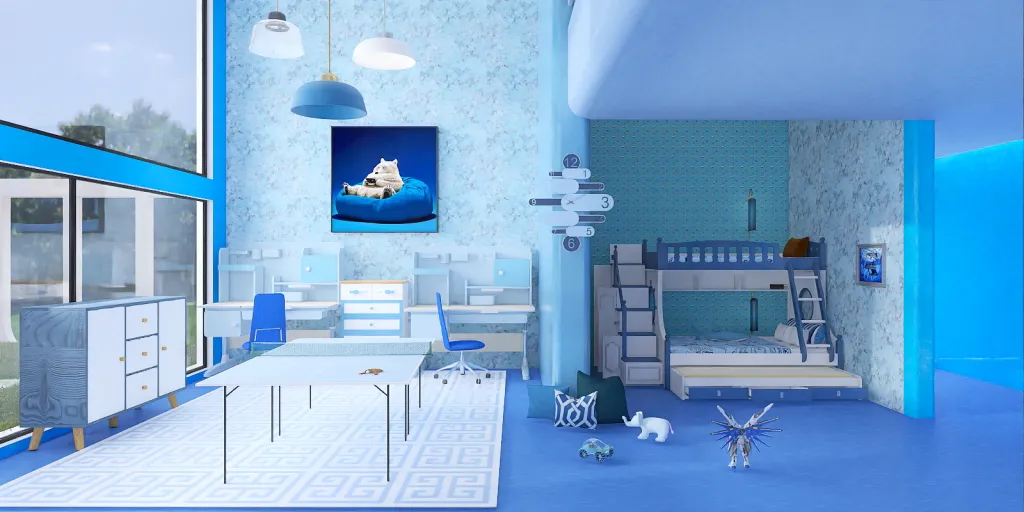 a room with a blue floor and a blue wall 