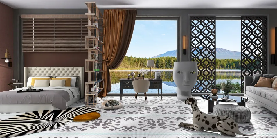 Stylish bedroom interior design featuring a modern bed arrangement with a scenic lake view; includes smart furniture layout for optimal small space use using Homestyler's intelligent furniture placement feature.