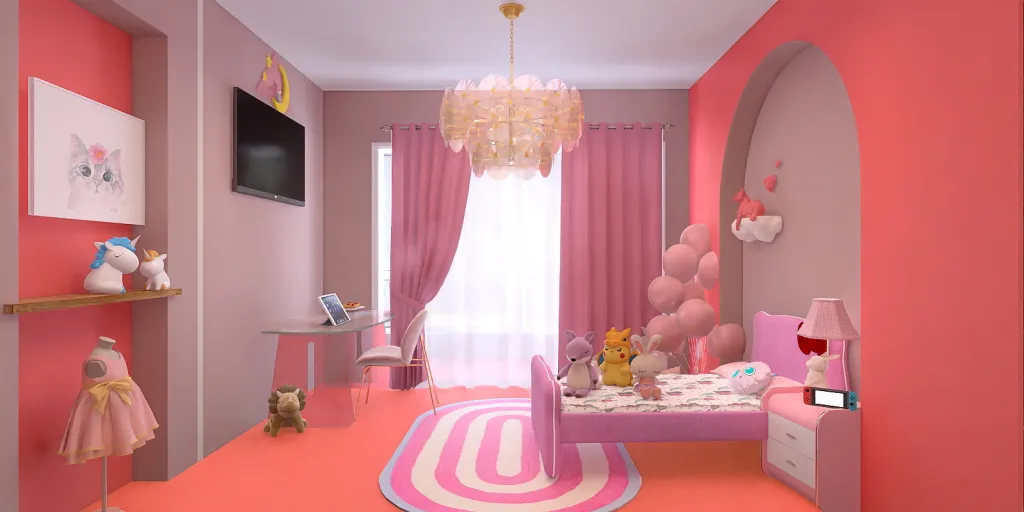 a room with a pink table and a pink wall 