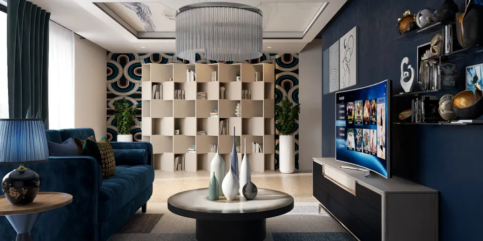 Living room design featuring a modern sofa and decorative shelving unit in a contemporary style, showcasing interior decor elements with real-time 3D rendering capabilities.