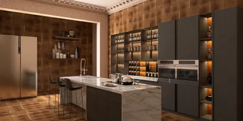 Modern kitchen design featuring a sleek kitchen island with marble top, elegant dark cabinetry, and ambient lighting. This interior design showcases the use of Homestyler's real-time 3D rendering to visualize space effectively.