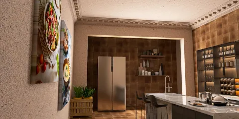 modern kitchen design featuring a sleek island, showcasing a warm color palette and rustic wall textures, enhancing the space's inviting ambiance using Homestyler's real-time 3D rendering feature.