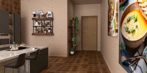 modern kitchen design showcasing a spacious layout with a marble island and wood shelving, incorporating smart furniture arrangement for optimized space usage using Homestyler's 3D rendering feature.