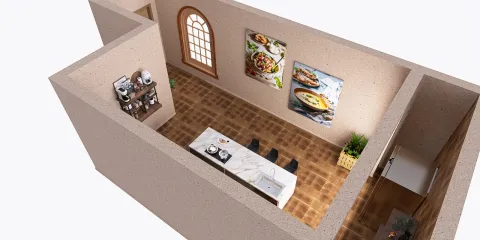 aerial view of a modern kitchen design featuring a sleek dining table and elegant wall art, demonstrating interior decoration with Homestyler's real-time 3D rendering feature