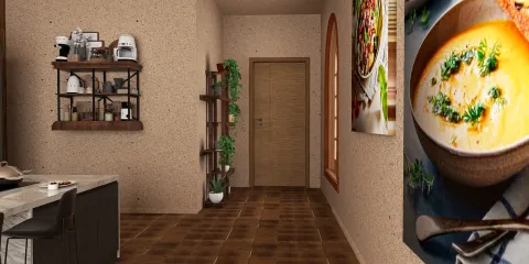 kitchen hallway design featuring a rustic decor style with a warm color palette, utilizing Homestyler's real-time 3D rendering to preview the layout and materials.