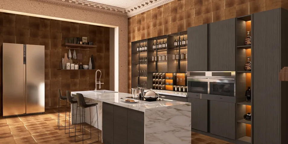 modern kitchen featuring a spacious island with marble countertop and dark wood cabinetry, showcasing 3D interior design with Homestyler's real-time 3D rendering for a stunning kitchen layout.