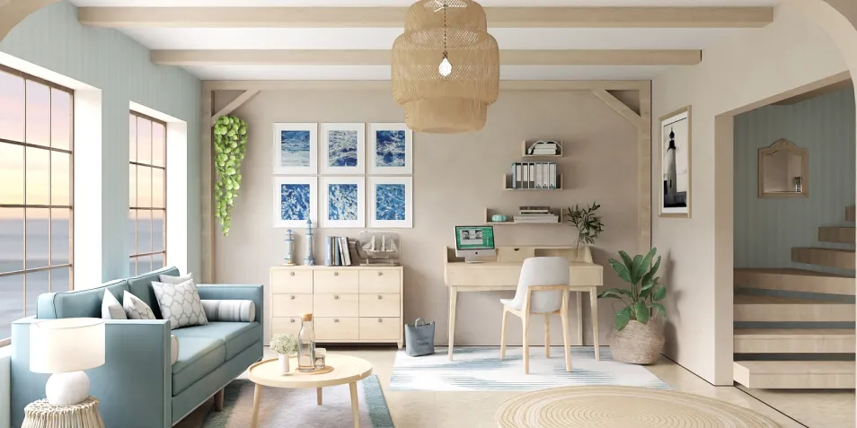 modern living room design featuring a cozy sofa and workspace arrangement in a coastal style, showcasing the value of interior decor optimization with Homestyler's smart furniture placement feature.