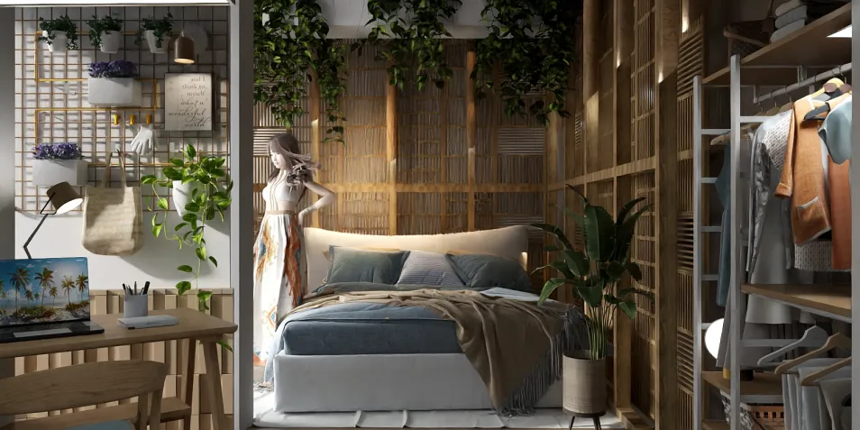 cozy bedroom with wooden accents and greenery featuring AR virtual furniture placement for enhanced interior decor design