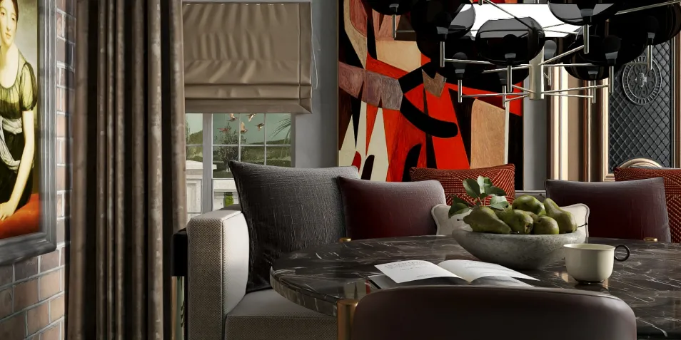 Dining room featuring a round table with modern chairs adorned with plush pillows, showcasing a contemporary art piece on the wall, styled for an intimate dining experience using Homestyler's intelligent furniture arrangement feature.