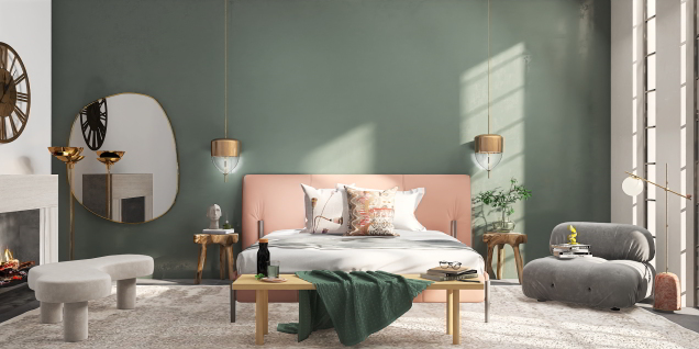 Peach and sage green bedroom 