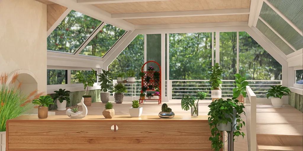 a room with a window and a table with plants 