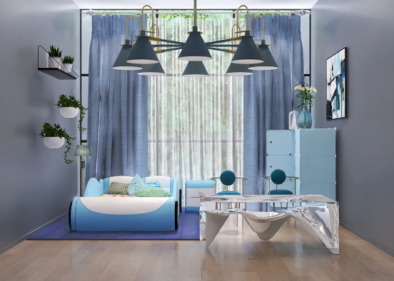 Kid Luxury Blue Bedroom and Dining Room Design Rendering