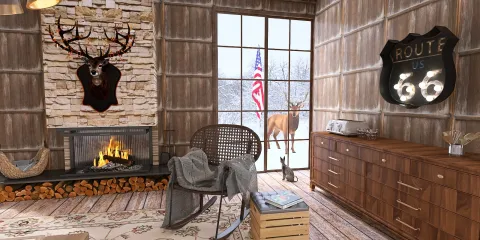 Cozy living room interior featuring a rustic design with a stone fireplace, wooden walls, and vintage decor highlighting US Route 66, showcasing Homestyler's real-time 3D rendering capabilities for realistic home design visualization.