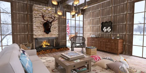 cozy living room with a stone fireplace featuring a deer mount, showcasing rustic design elements and a warm ambiance, ideal for winter retreats; including Homestyler's real-time 3D rendering for quick visualization.