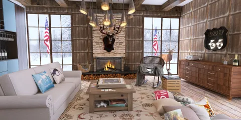 cozy living room featuring a rustic design with a modern fireplace and wooden accents, showcasing a warm ambiance for interior decor inspiration, enhanced by Homestyler's real-time 3D rendering capabilities.
