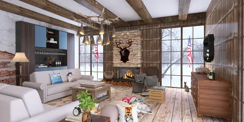 cozy living room with wooden beams and stone fireplace featuring rustic decorations and a warm atmosphere, ideal for showcasing interior design concepts with Homestyler's real-time 3D rendering feature.