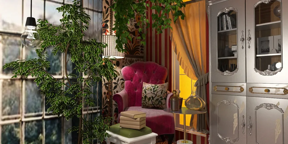 A vibrant pink armchair with decorative cushions in a cozy indoor space, featuring lush green plants and elegant decor elements, showcasing a personalized interior design style using Homestyler's real-time 3D rendering feature for the optimal visual preview.
