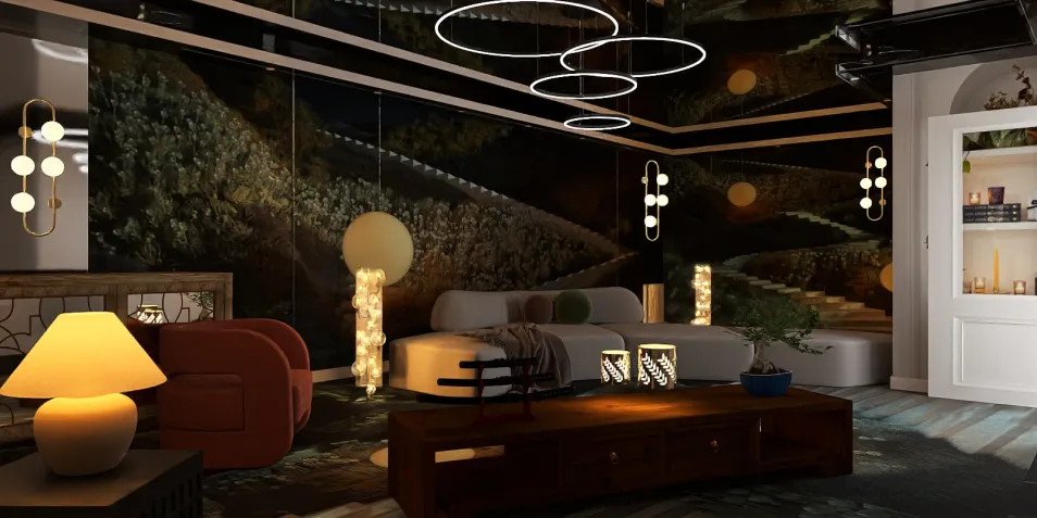 modern living room design featuring ambient lighting and unique furniture arrangement with an artistic accent wall, showcasing interior decor elements; utilizes Homestyler's real-time 3D rendering for immediate visual representation.